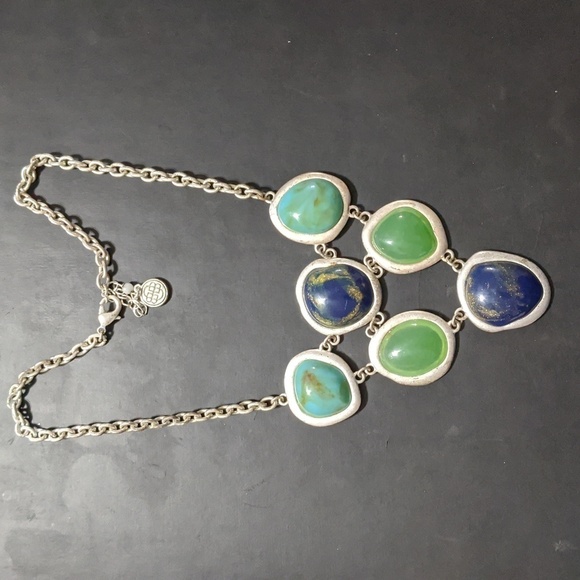 Bill Blass Silver Tone Blue Gold Sparkle Bib Collar Style Statement Necklace - Picture 1 of 5